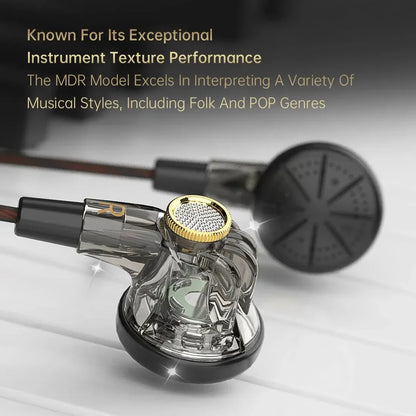 Clear transparent qkz mdr in-ear headphones with gold mesh cap and black accents large dynamic hifi 5mm aux headset