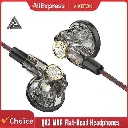 Clear transparent housing black accents and gold mesh grilles on qkz mdr 16mm large dynamic hifi bass flat-head headphones