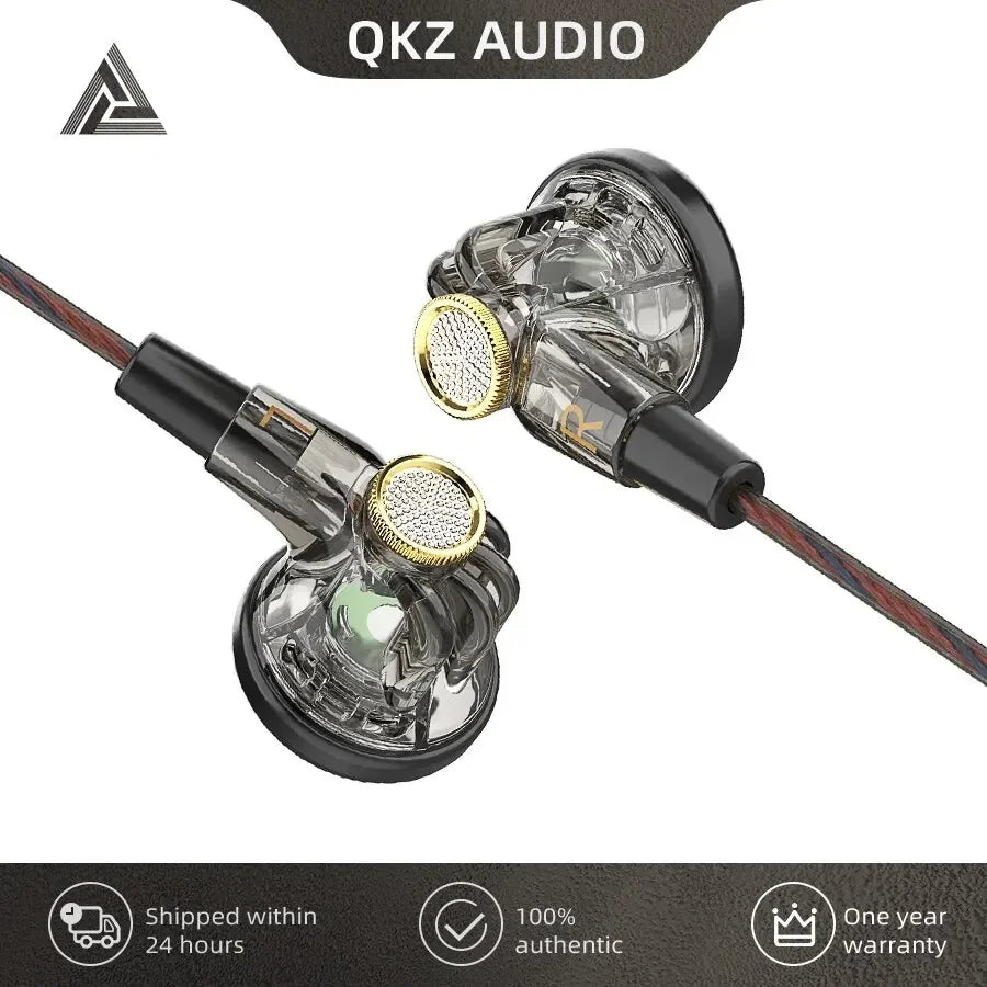 Clear transparent qkz mdr in-ear monitors with gold driver rings black accents wired large dynamic hifi 5mm aux headset