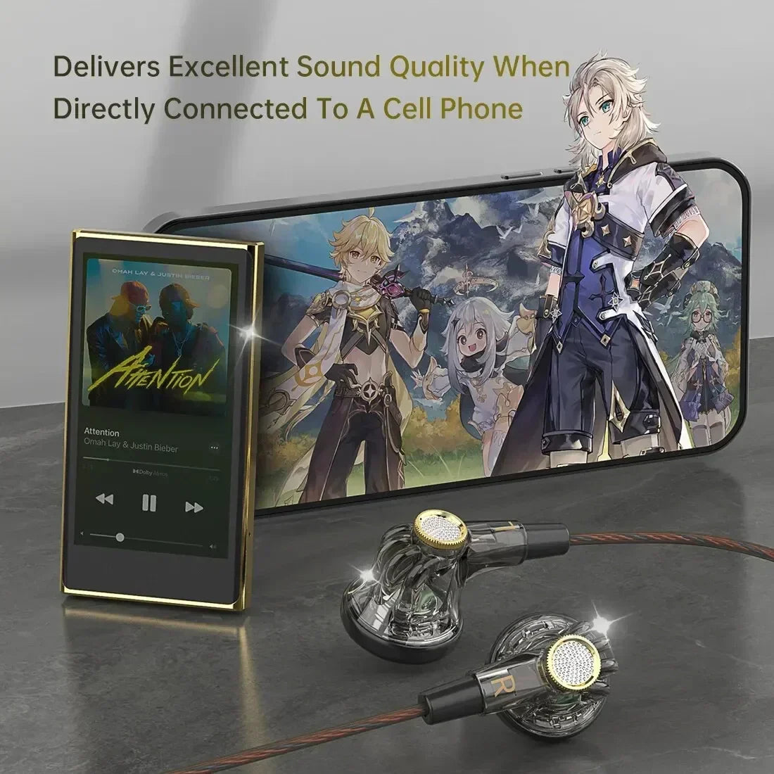 Qkz mdr gold-accented transparent earphones with 16mm large dynamic hifi bass drivers and braided cable next to black gold player