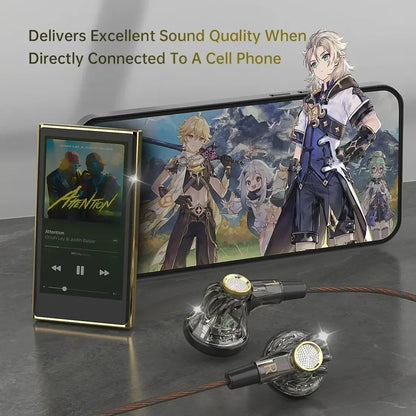 Gold-accented transparent qkz mdr large dynamic hifi in-ear headphones with metallic detailing and braided 5mm aux headset cable