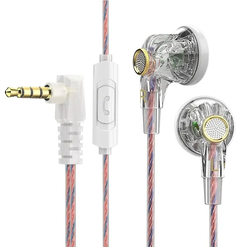 Clear transparent qkz mdr in-ear headphones with gold mesh grilles and multi-strand cable featuring large dynamic hifi sound