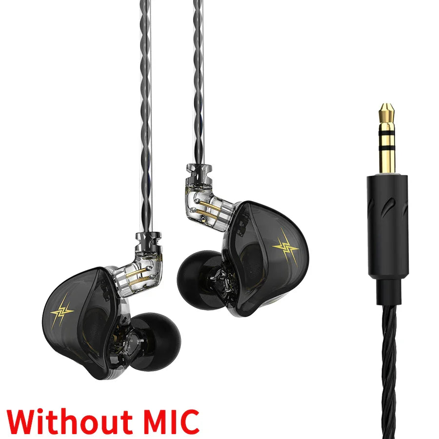 Black qkz zxt dynamic dj monitor in ear wired earphones with transparent accents gold logos and twisted metallic cables
