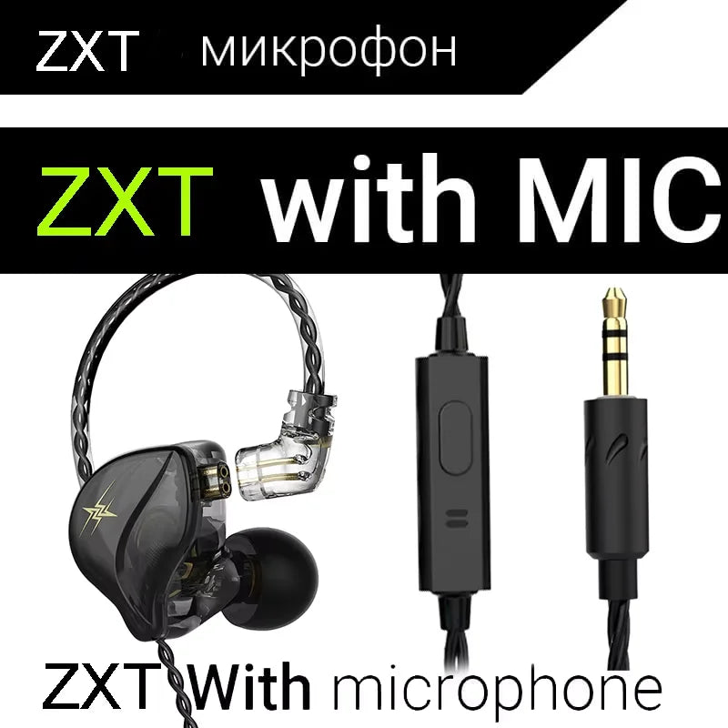 Black QKZ ZXT in-ear wired monitor iem earbuds with transparent driver housing and microphone for music sport headphone use
