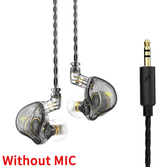 Clear transparent qkz zxt dynamic dj monitor in ear wired earphones with gold accents and twisted black cables suitable for sport