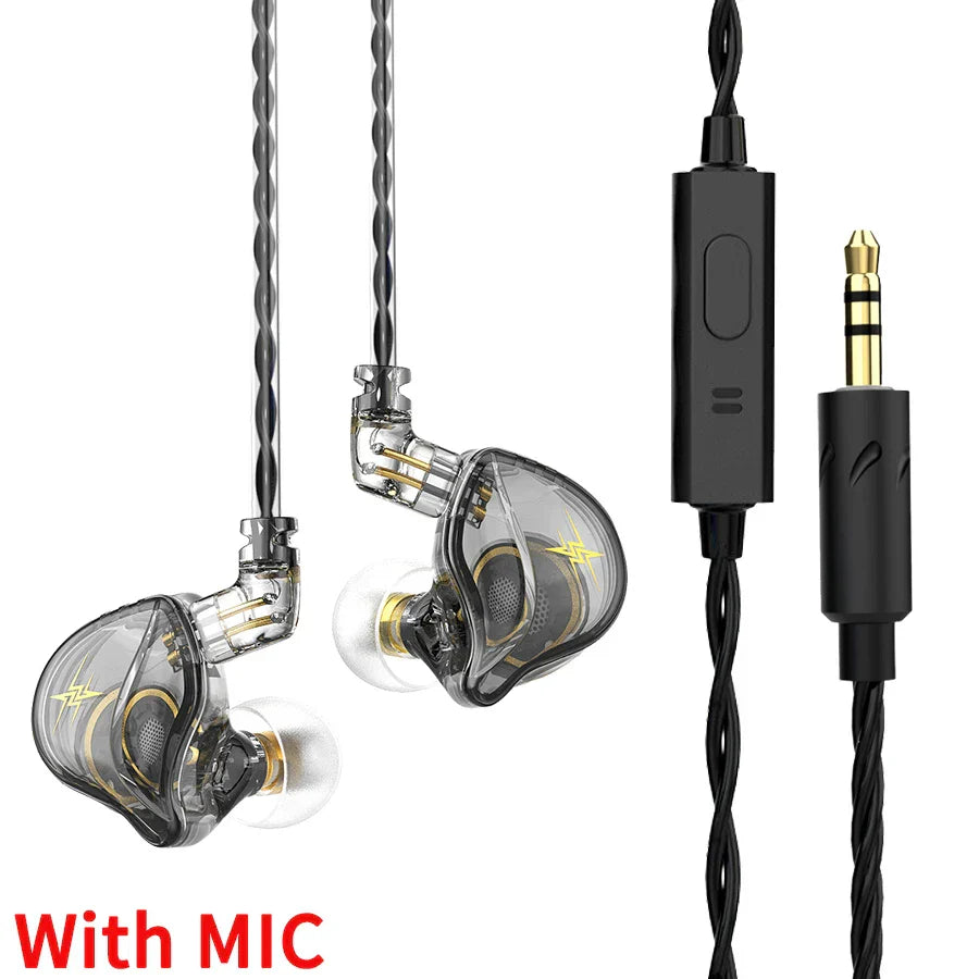 Clear transparent qkz zxt dynamic dj monitor in ear wired earphones with gold accents and black twisted cable