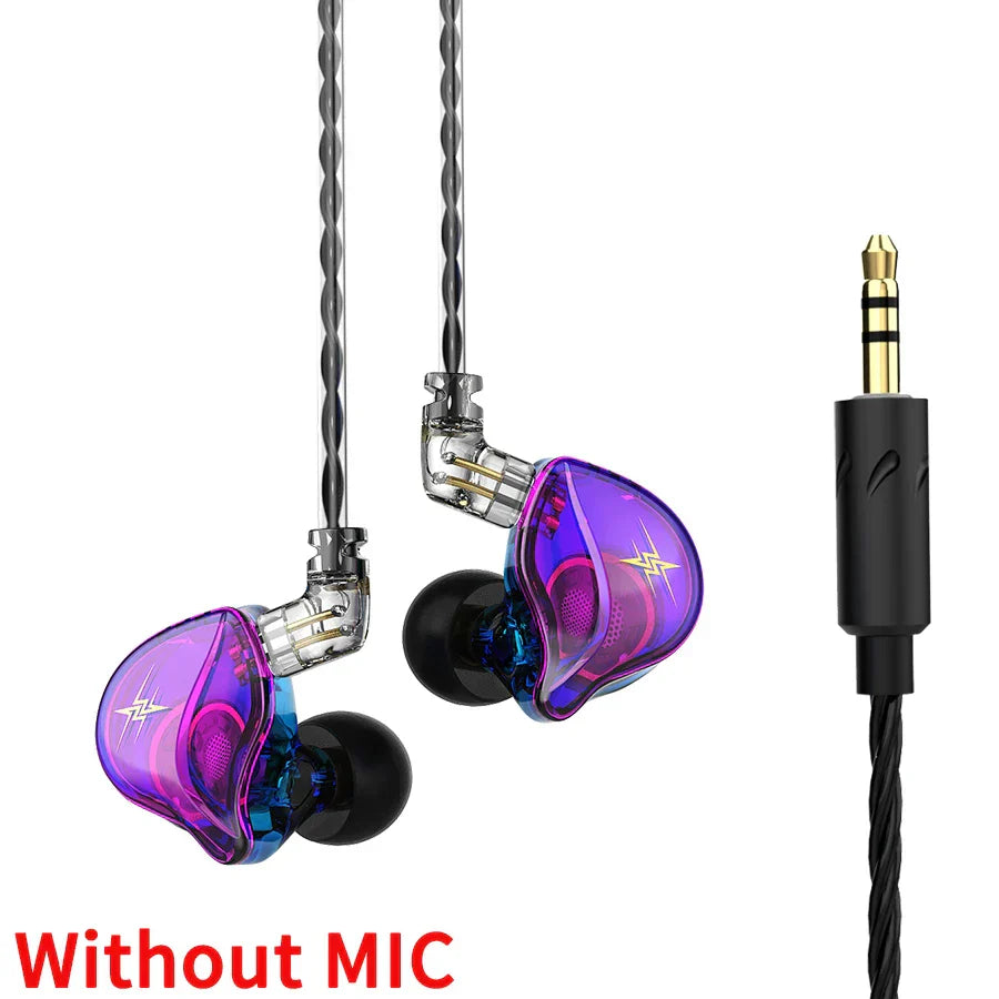 Purple and blue translucent qkz zxt dynamic dj monitor iem earbuds with silver logos twisted cables and gold 35mm jack