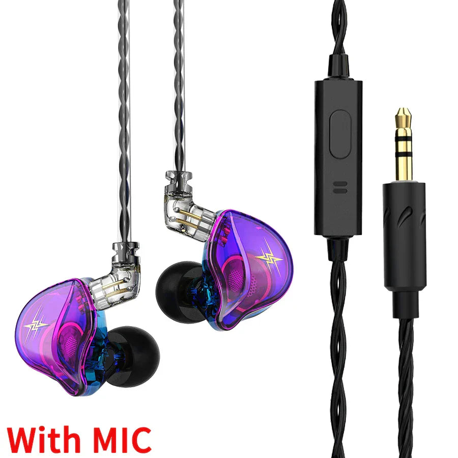 Purple and blue translucent QKZ ZXT dynamic DJ monitor iem earbuds with black tips and twisted cables for music sport headphone use