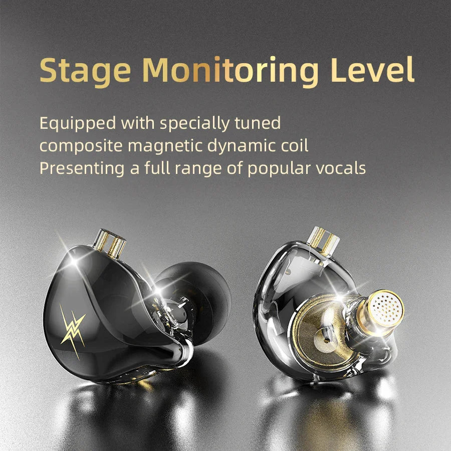 QKZ ZXT dynamic DJ monitor in ear wired earphones with black and gold inlaid transparent housing and metallic finish