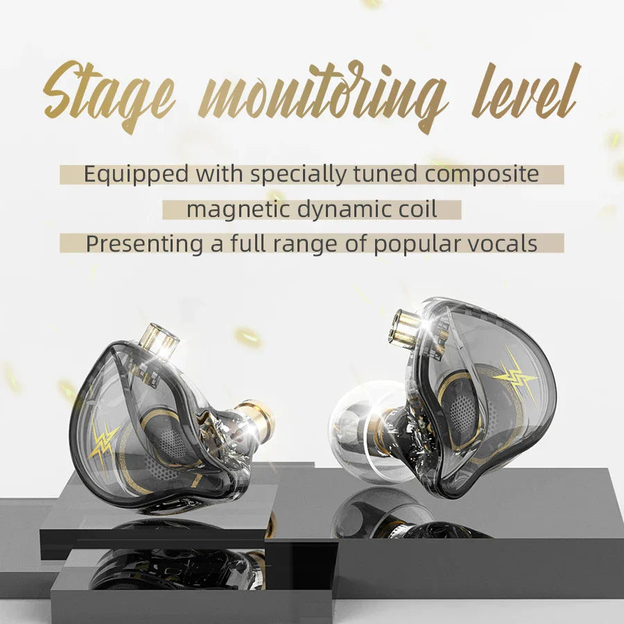 Clear transparent qkz zxt in ear wired dynamic dj monitor iem earbuds with gold accents and lightning bolt logo