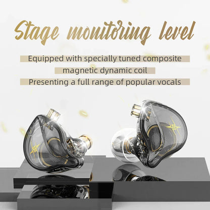 Clear transparent qkz zxt in ear wired dynamic dj monitor iem earbuds with gold accents and lightning bolt logo