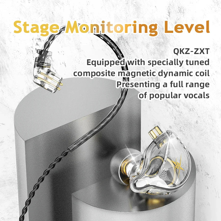 Clear transparent qkz zxt dynamic dj monitor iem earbuds with gold accents and braided black cable for music sport use