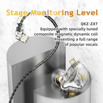 Clear transparent qkz zxt dynamic dj monitor iem earbuds with gold accents and braided black cable for music sport use