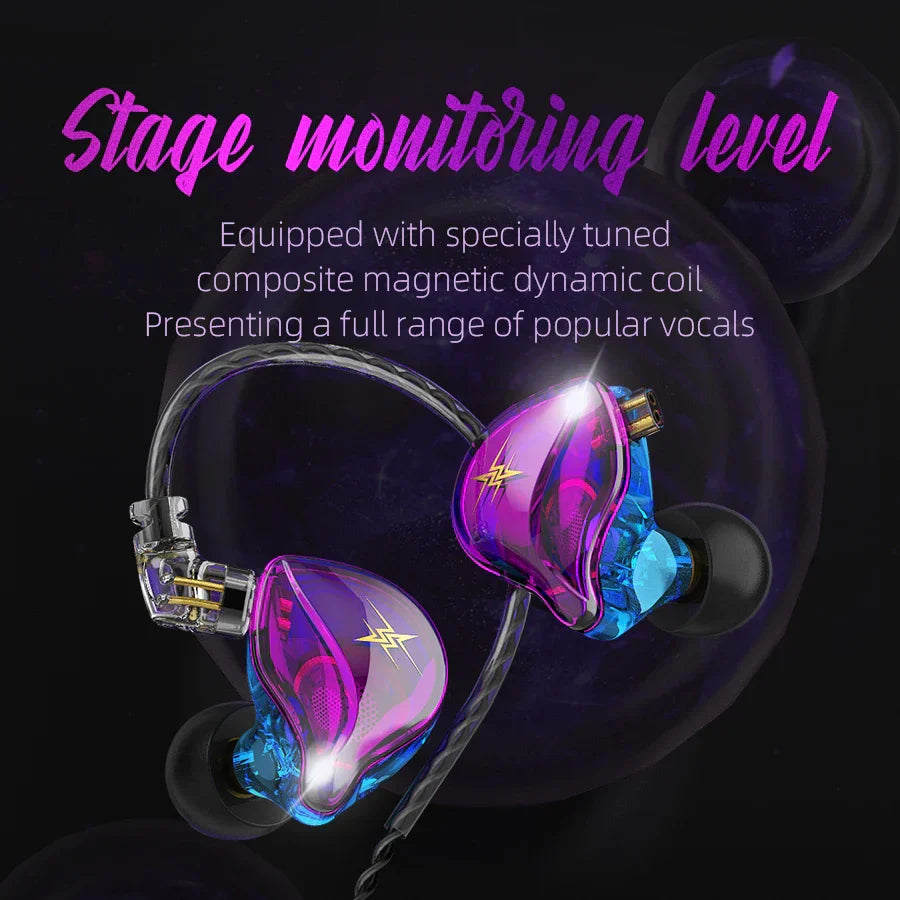 Iridescent purple and blue qkz zxt dynamic dj monitor in ear wired earphones with gold lightning bolt accents and mic