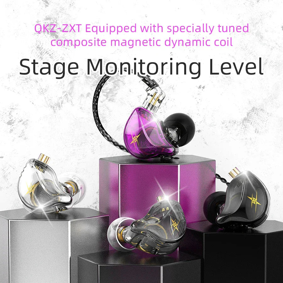 Purple and black QKZ ZXT dynamic DJ monitor IEM earbuds with transparent housing, gold accents, and braided cable for music sport headphone use