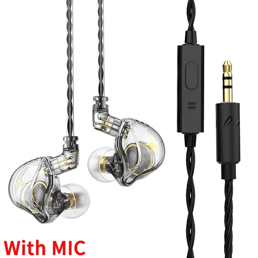 Clear transparent qkz zxt in ear wired dynamic dj monitor iem earbuds with gold accents and black twisted cable for sport