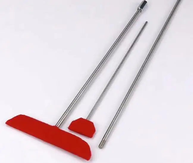 Set of three quality grand piano soundboard cleaning brooms with red rubber tips and polished metal handles