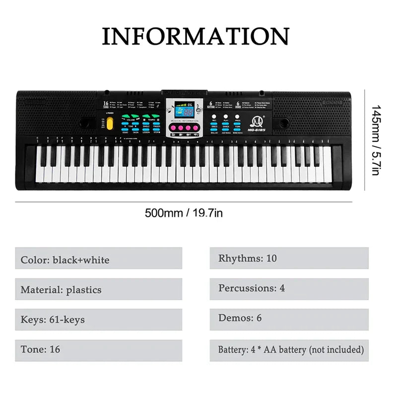 Black and white quality mq electronic keyboard musical instrument with 61 keys digital display and colorful function buttons