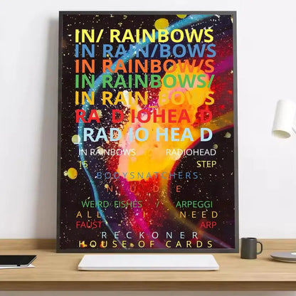 A vibrant r-radiohead band rainbow hd canvas poster with multicolored lettering and cosmic lighting effects for living spaces and working days