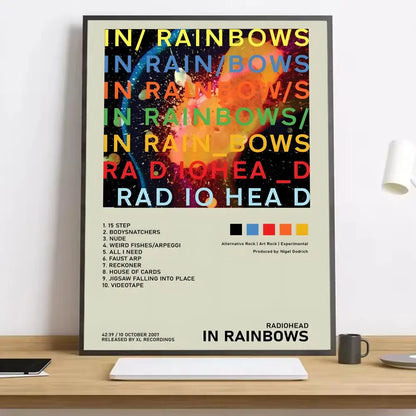 A framed hd canvas poster of radiohead in rainbows with colorful text and cosmic background for living room decoration with lighting effects