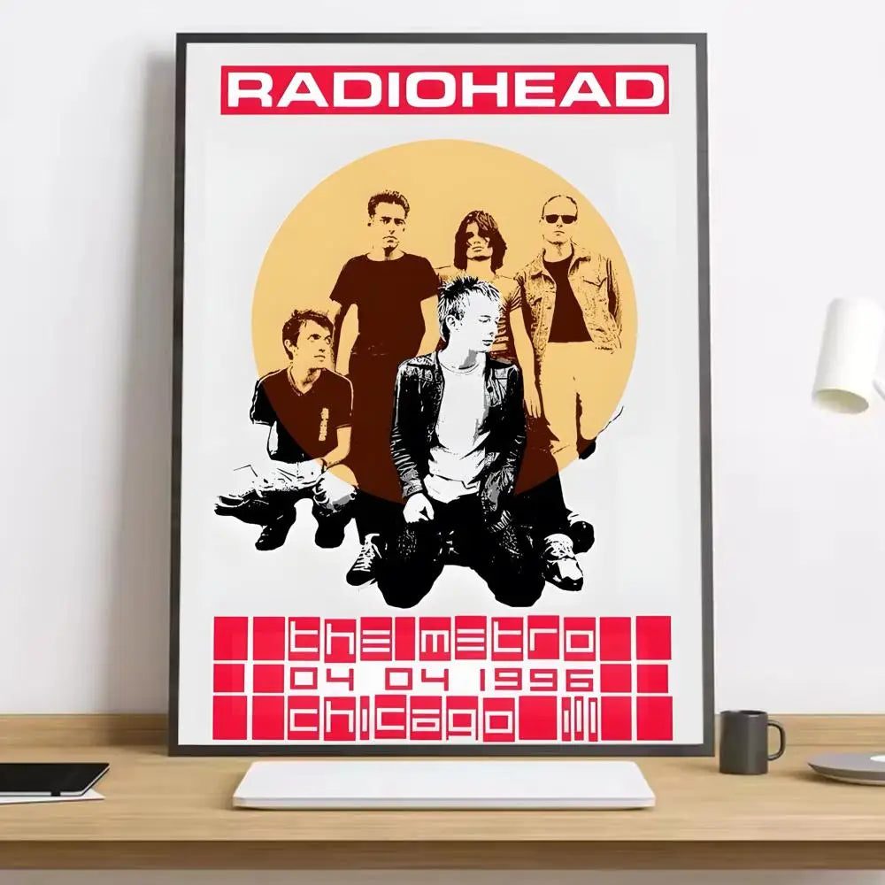 A framed radiohead band canvas poster with bold red and black illustration on white paper featuring lighting effects