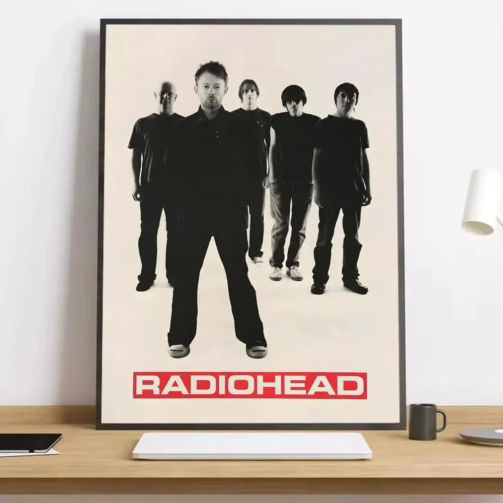 Black and white radiohead canvas poster with bold red lettering featuring lighting effects for living room decor