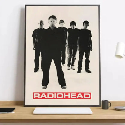 Black and white radiohead canvas poster with bold red lettering featuring lighting effects for living room decor