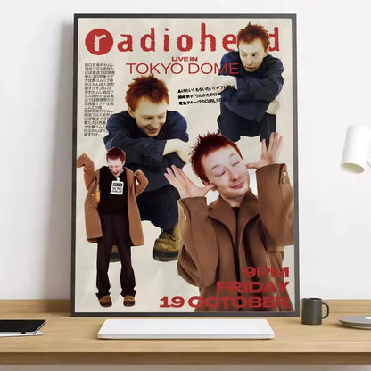 A framed Radiohead live in Tokyo Dome canvas poster with bold red and black text and lighting effects for living rooms