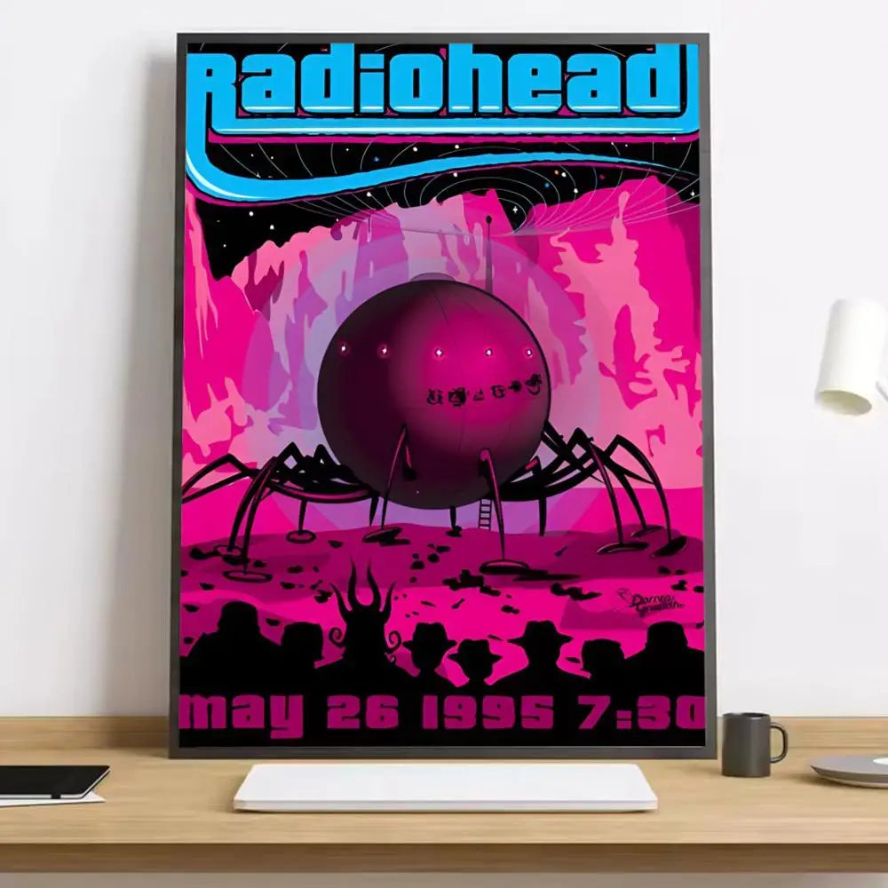 Vibrant pink and black Radiohead concert poster with spherical creature on HD canvas, ideal for living room decor with lighting effects