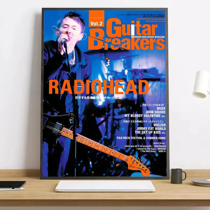 Vibrant orange and blue hd canvas poster of radiohead playing fender guitar with lighting effects for living room decor