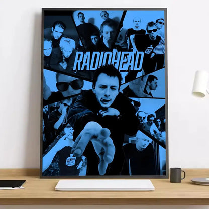 Blue-toned radiohead band collage canvas poster with bold white lettering featuring lighting effects for living room decor on working days