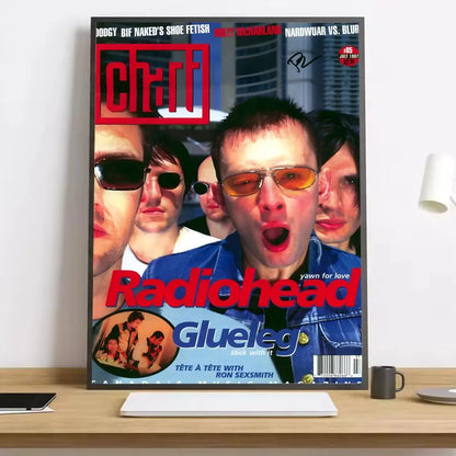 A framed radiohead glueleg cover poster in glossy paper with lighting effects ideal for living room decor on working days