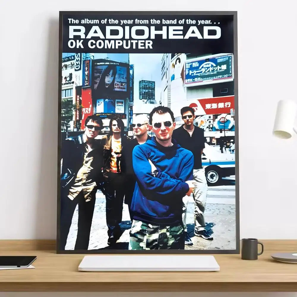 Black-framed radiohead ok computer canvas poster with tokyo street scene for living room bedroom bar décor lighting effects