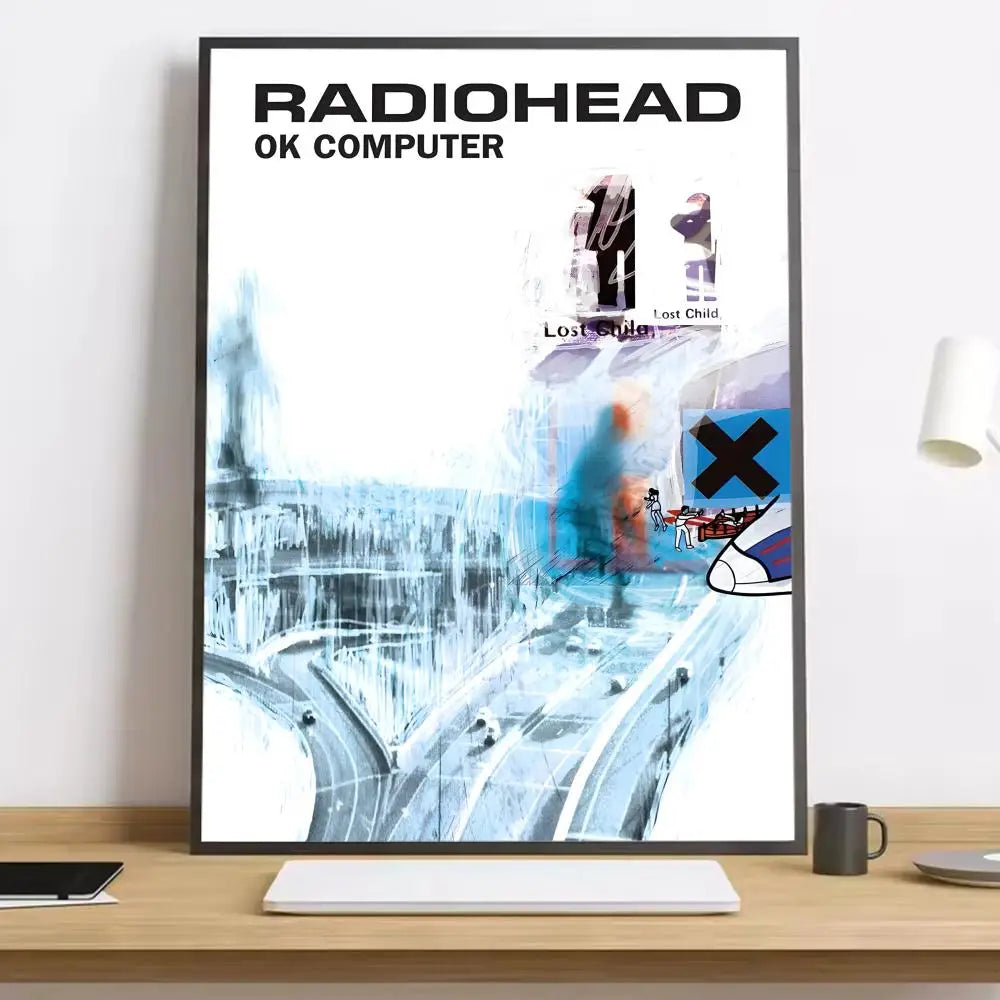Black-framed radiohead ok computer canvas poster with rainbow calligraphy ideal for living room bar lighting effects