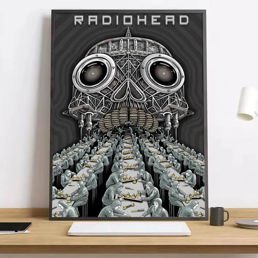Black and silver framed radiohead kid a album hd canvas poster with lighting effects ideal for living room decor and working days