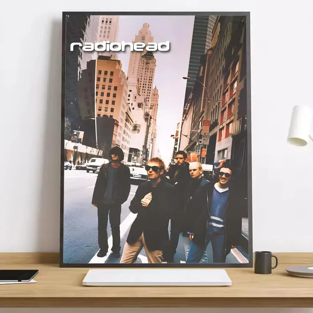 Black-framed radiohead band rainbow painting hd canvas poster with lighting effects for living room or bedroom decor