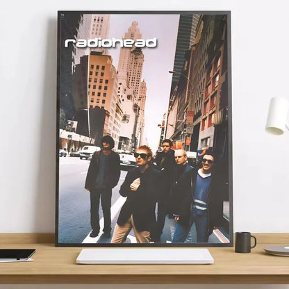Black-framed radiohead band rainbow painting hd canvas poster with lighting effects for living room or bedroom decor