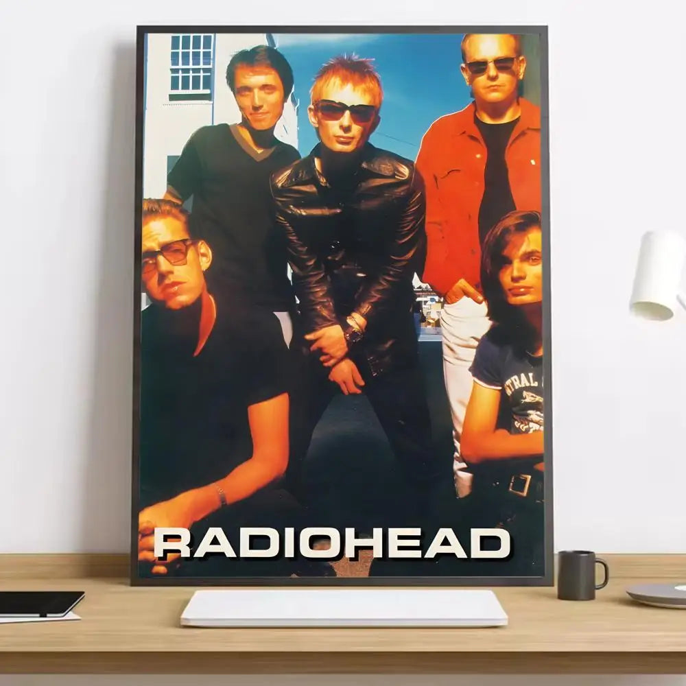 Black-framed radiohead poster with bold white lettering on hd canvas featuring 1980s photo with lighting effects for living rooms
