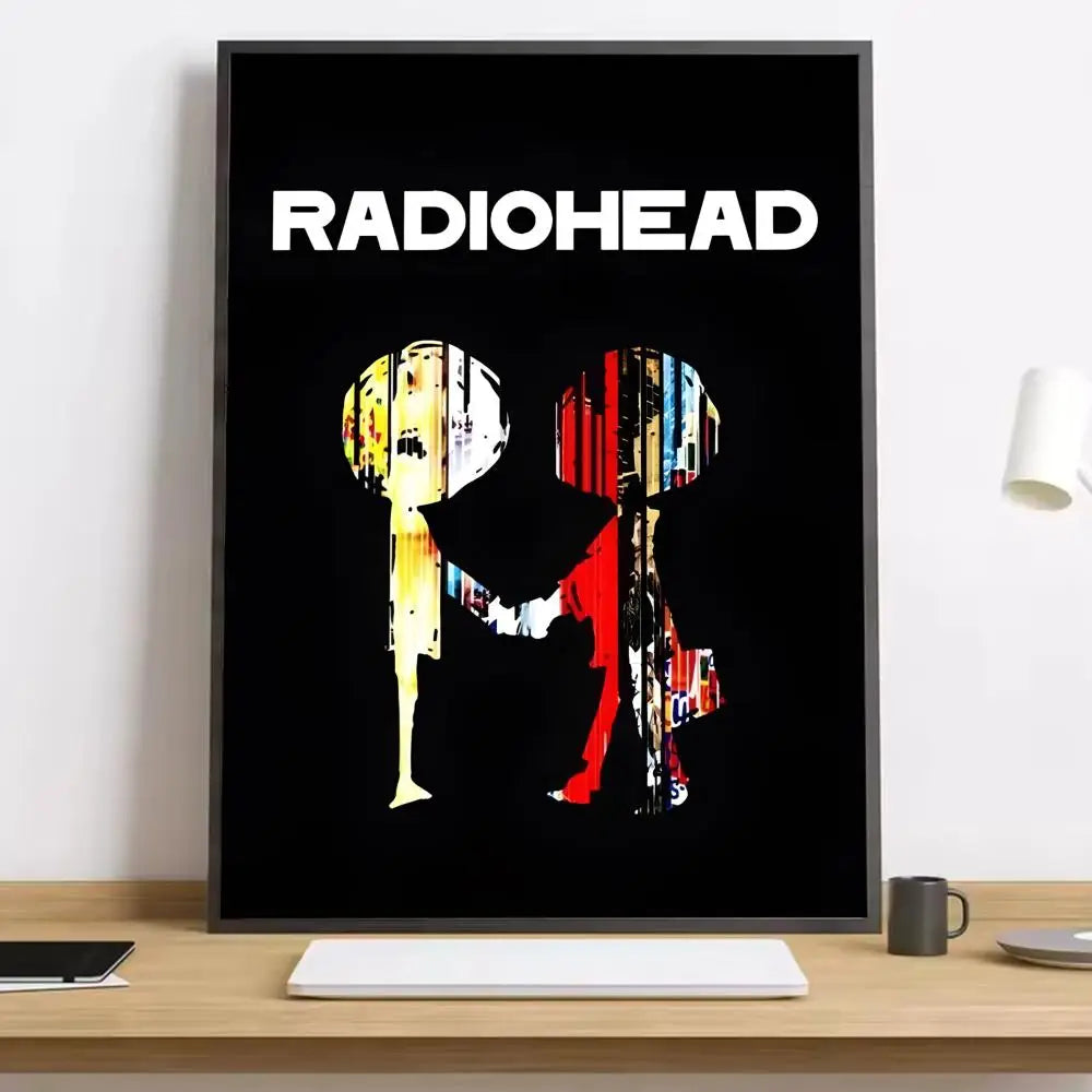 Black-framed radiohead band canvas poster with colorful figures and lighting effects for living room or bar decoration