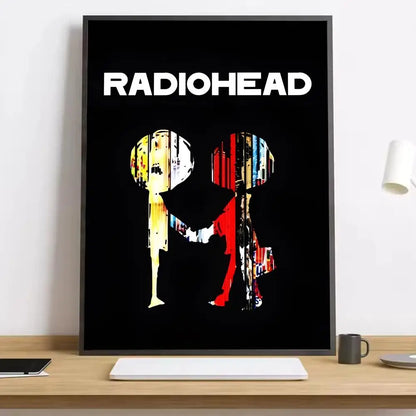 Black-framed radiohead band canvas poster with colorful figures and lighting effects for living room or bar decoration