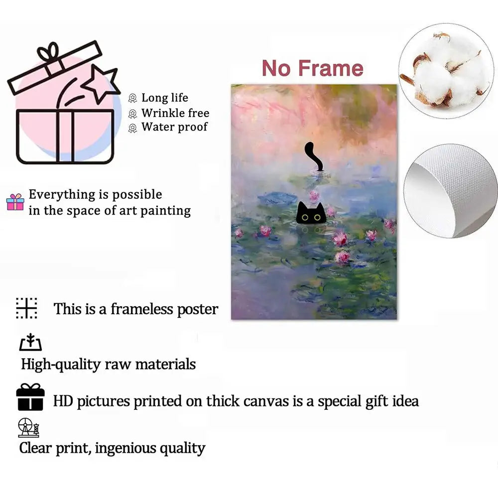 A frameless hd canvas poster with a black cat and water lilies featuring soft lighting effects for living room decor