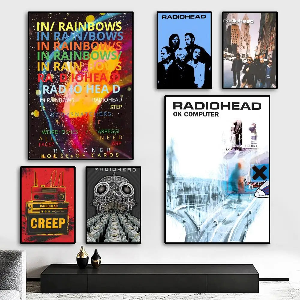 Set of six framed radiohead album posters with vibrant artwork on hd canvas for living room decoration and lighting effects