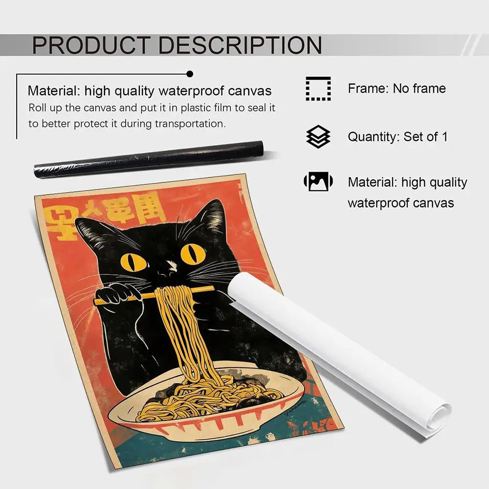 Vibrant retro r-radiohead band rainbow hd canvas poster of black cat with yellow eyes eating noodles, ideal for lighting effects
