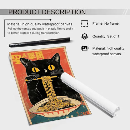Vibrant retro r-radiohead band rainbow hd canvas poster of black cat with yellow eyes eating noodles, ideal for lighting effects