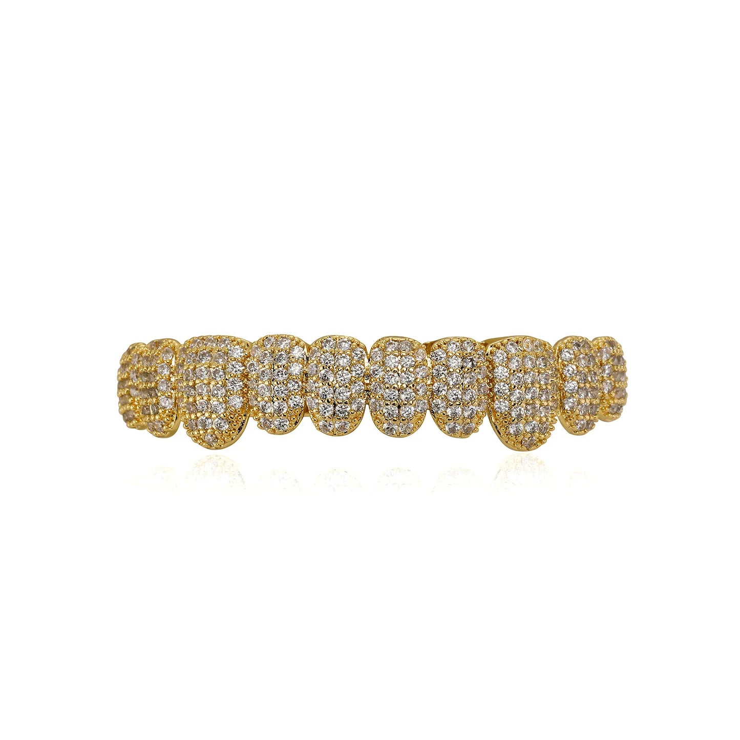 Gold-colored stone teeth grillz with dense pavé clear cubic zirconia tooth caps for grillz punk rapper jewelry gift