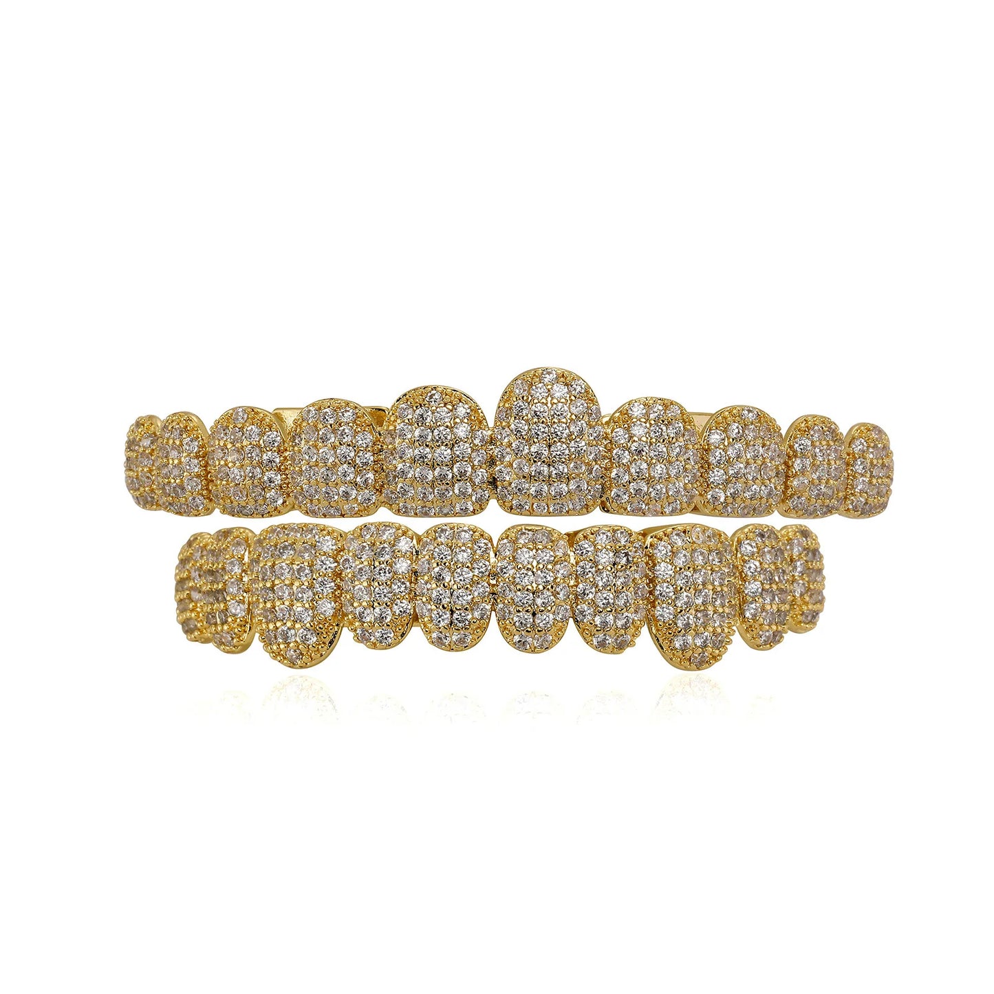 Gold-colored stone teeth grillz with dense pavé cubic zirconia covering for grillz punk rapper jewelry gift