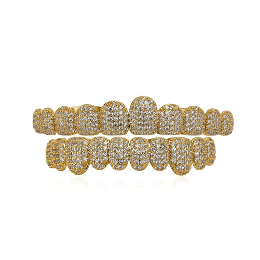 Gold-colored stone teeth grillz with dense pavé cubic zirconia covering for grillz punk rapper jewelry gift