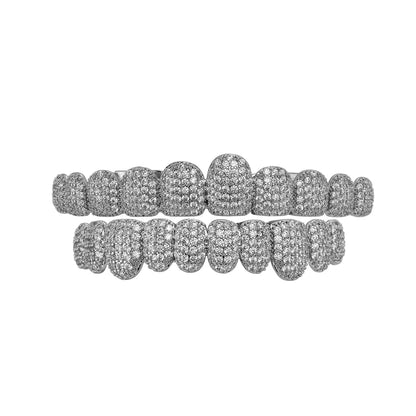 Silver rhinestone-encrusted stone teeth grillz set with cubic zirconia tooth caps for grillz punk rapper jewelry gift