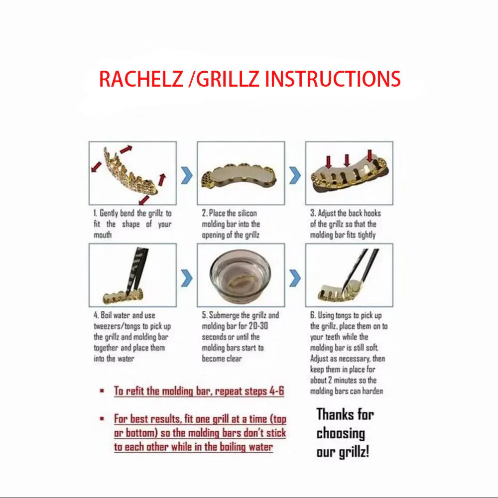 Gold-colored metallic stone teeth grillz with decorative design and hooks zirconia tooth caps for punk rapper jewelry
