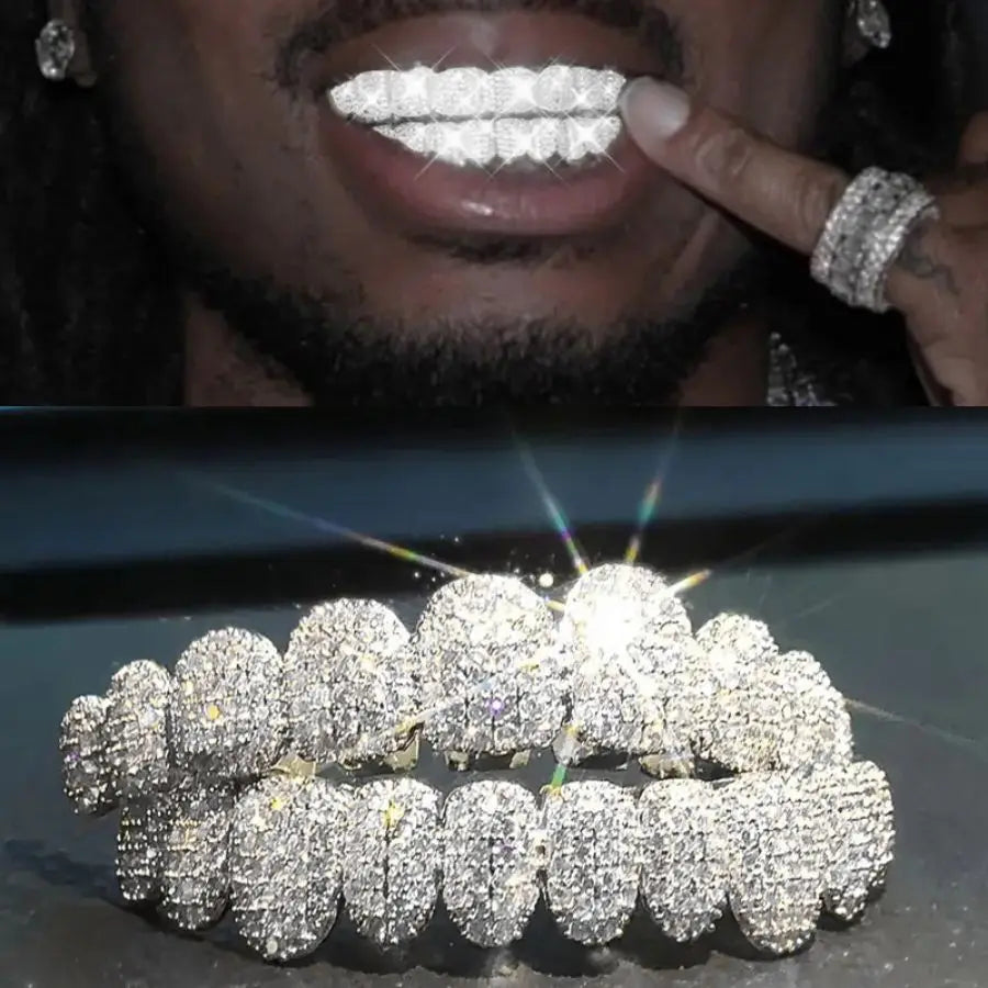 A set of dazzling white sparkle zirconia tooth caps stone teeth grillz punk rapper style for men and women gift